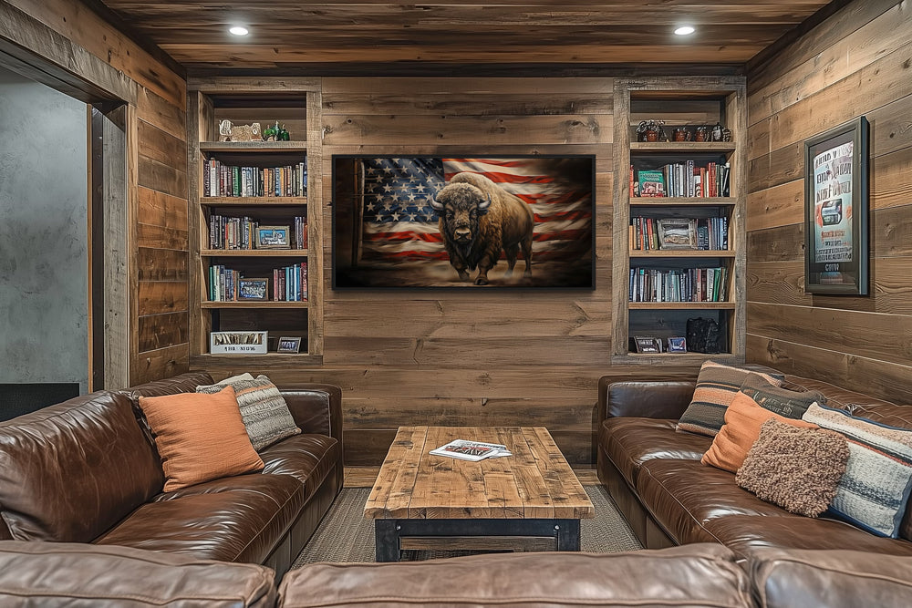 American Bison And American Flag Southwestern Framed Canvas Wall Art