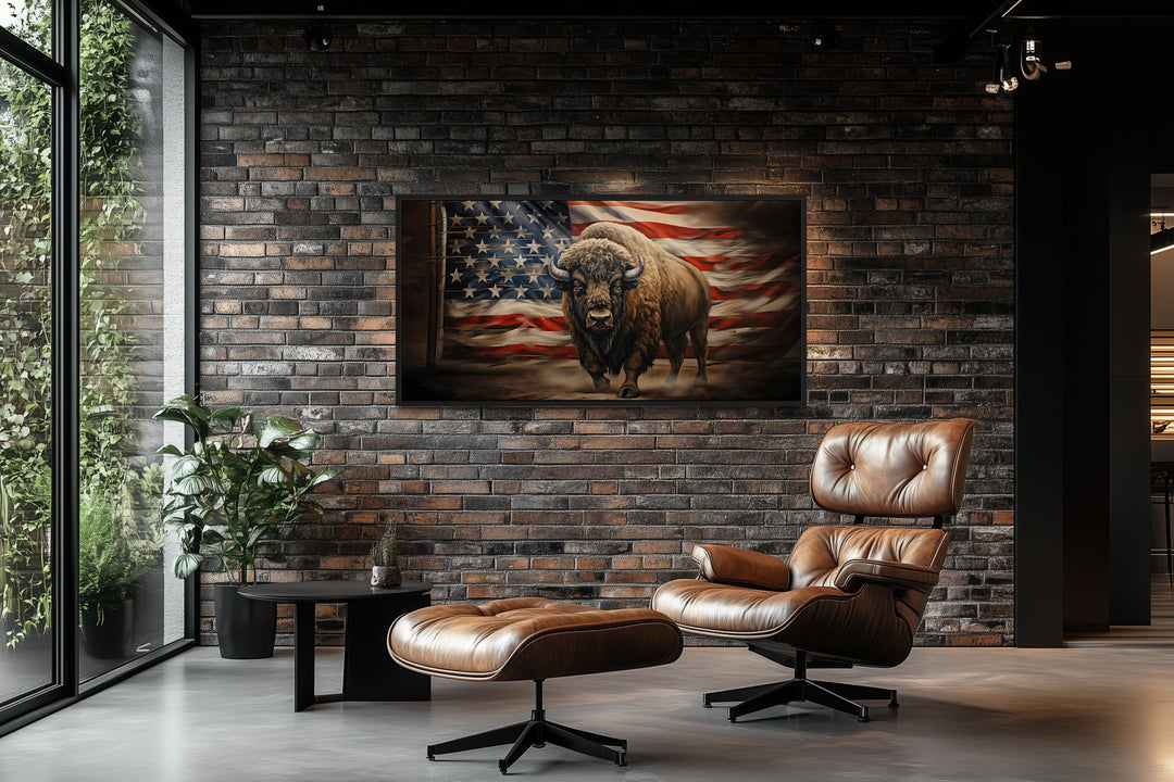 American Bison And American Flag Southwestern Framed Canvas Wall Art
