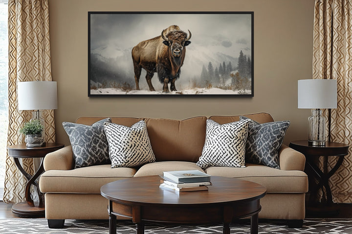 American Bison In Snow Painting Framed Man Cave Canvas Wall Art
