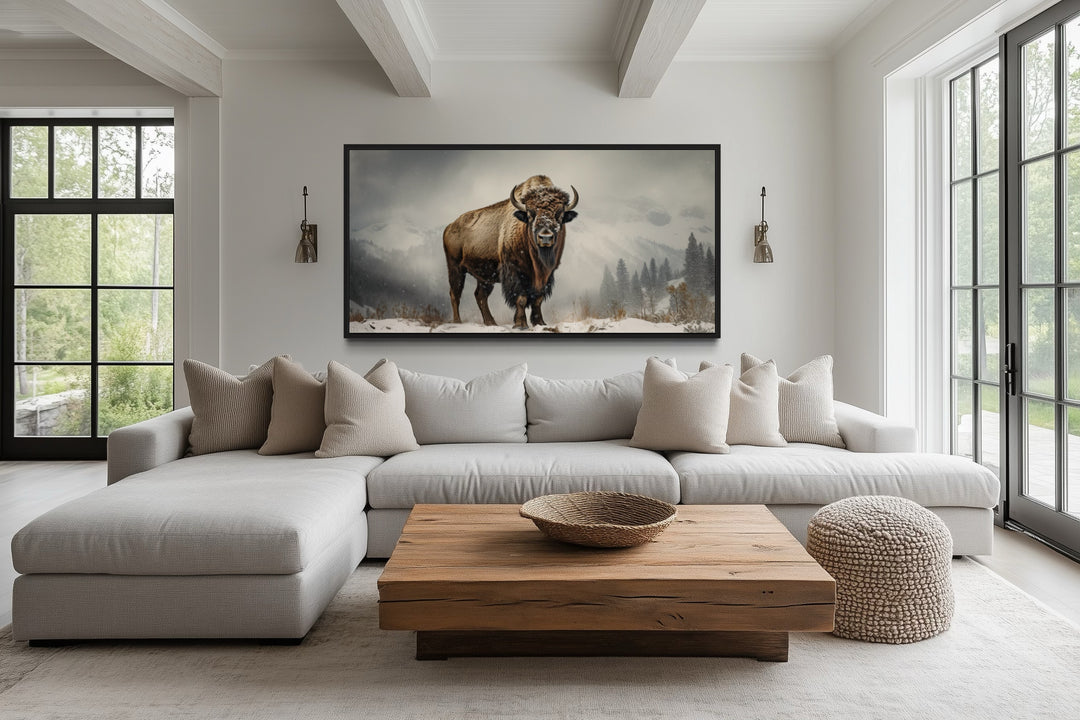 American Bison In Snow Painting Framed Man Cave Canvas Wall Art