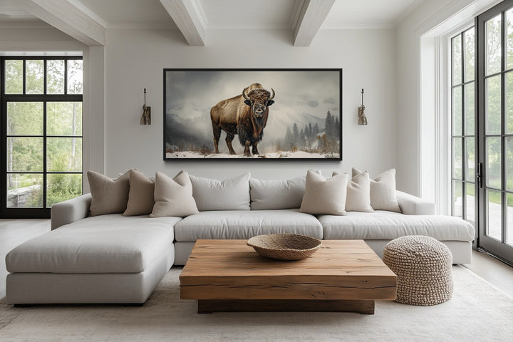 American Bison In Snow Painting Framed Man Cave Canvas Wall Art