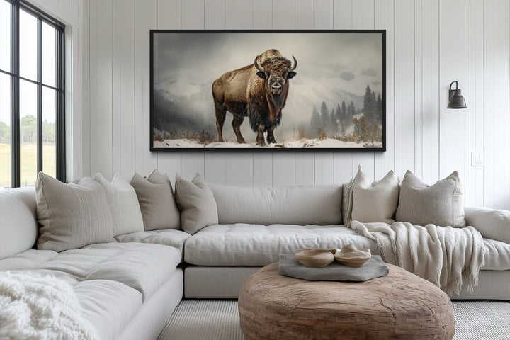American Bison In Snow Painting Framed Man Cave Canvas Wall Art