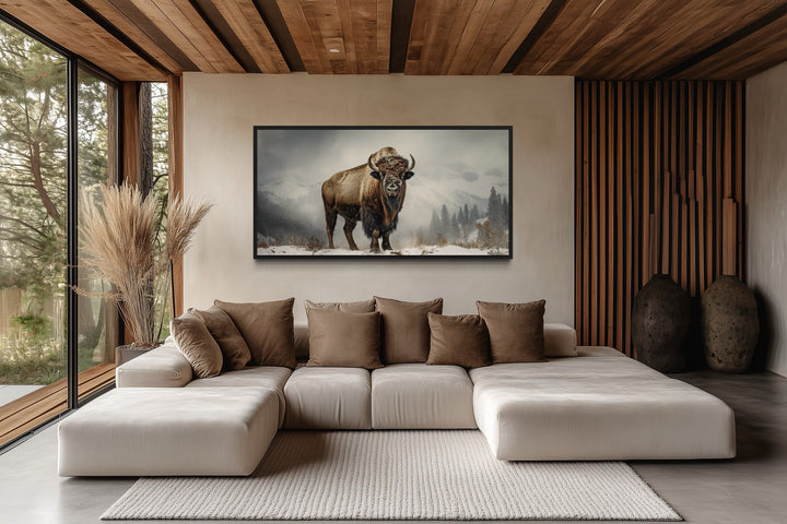 American Bison In Snow Painting Framed Man Cave Canvas Wall Art