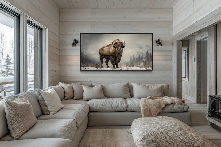American Bison In Snow Painting Framed Man Cave Canvas Wall Art