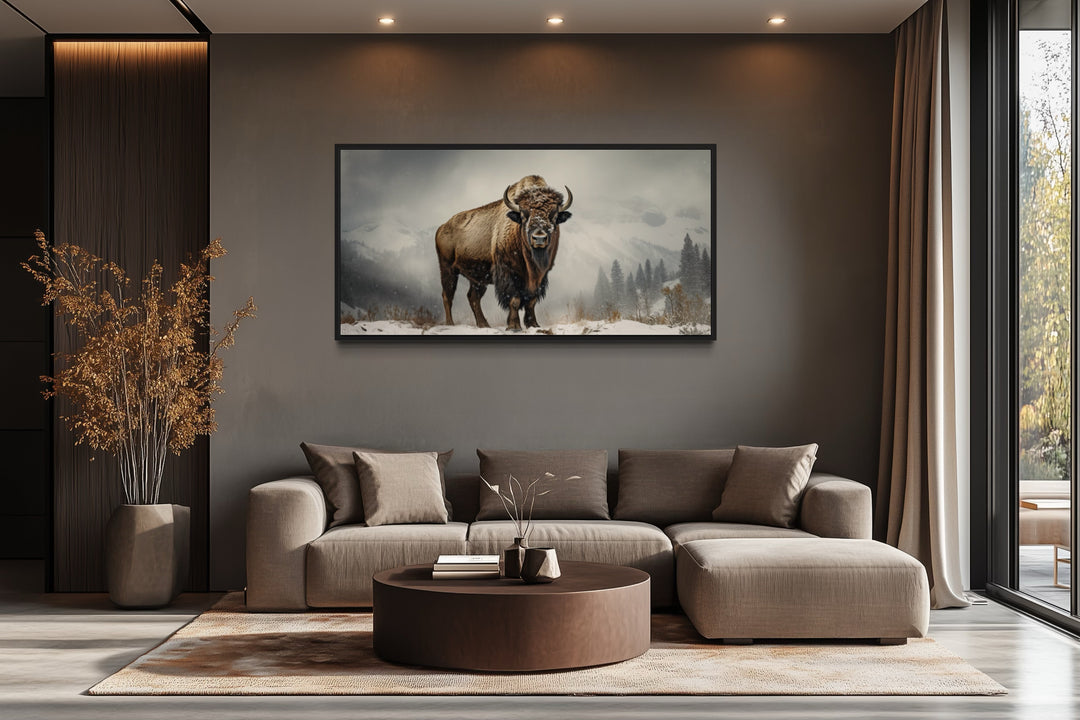 American Bison In Snow Painting Framed Man Cave Canvas Wall Art