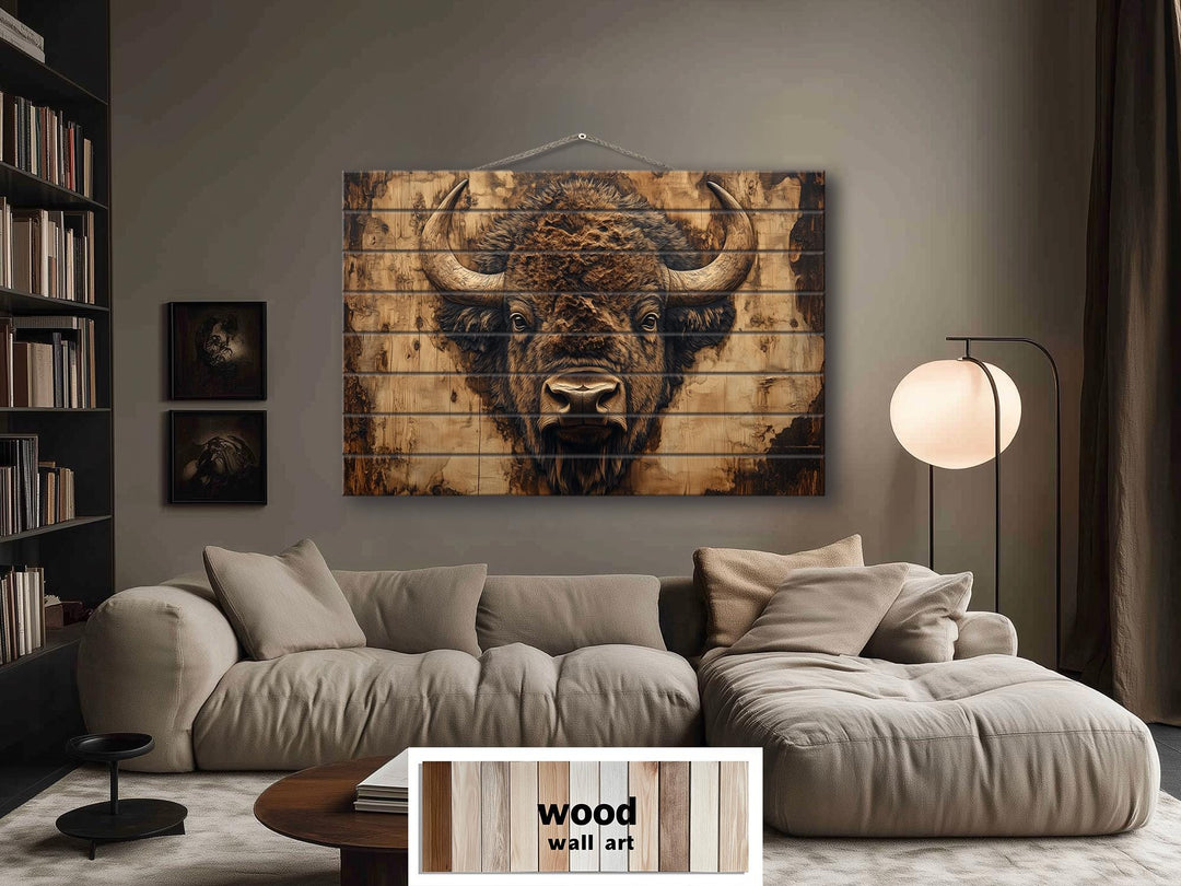 American Bison Portrait Real Wood Wall Art