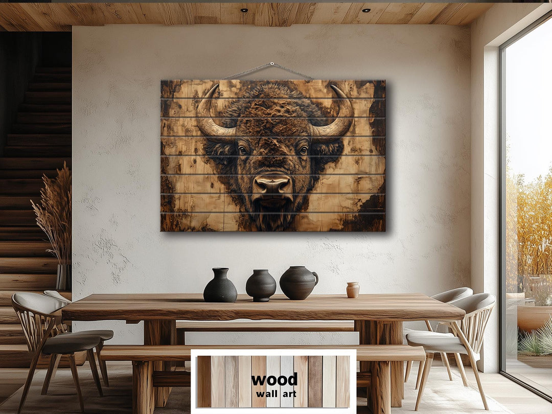 American Bison Portrait Real Wood Wall Art