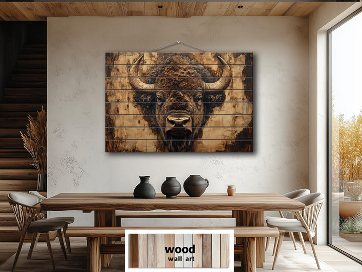 American Bison Portrait Real Wood Wall Art