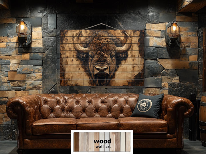 American Bison Portrait Real Wood Wall Art
