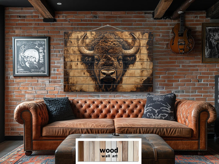 American Bison Portrait Real Wood Wall Art