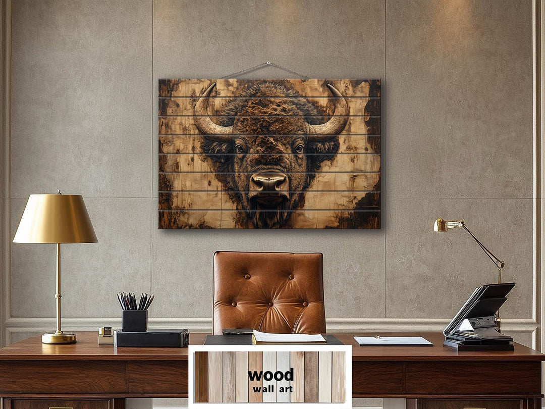 American Bison Portrait Real Wood Wall Art