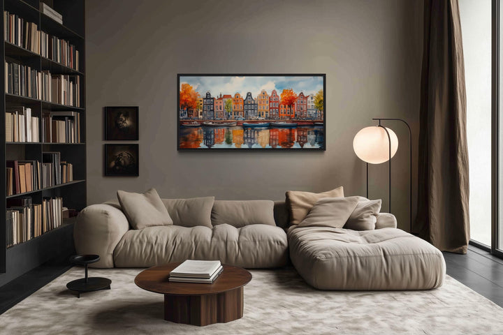 Amsterdam Canal And Colorful Dutch Houses And Boats Watercolor Framed Canvas Wall Art