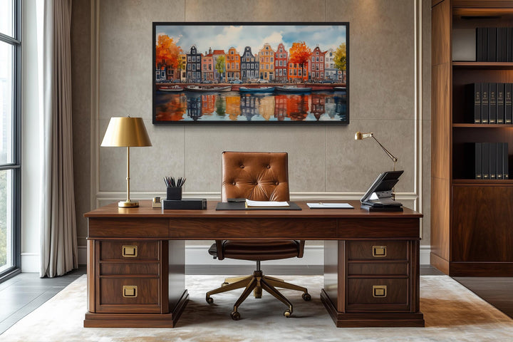 Amsterdam Canal And Colorful Dutch Houses And Boats Watercolor Framed Canvas Wall Art