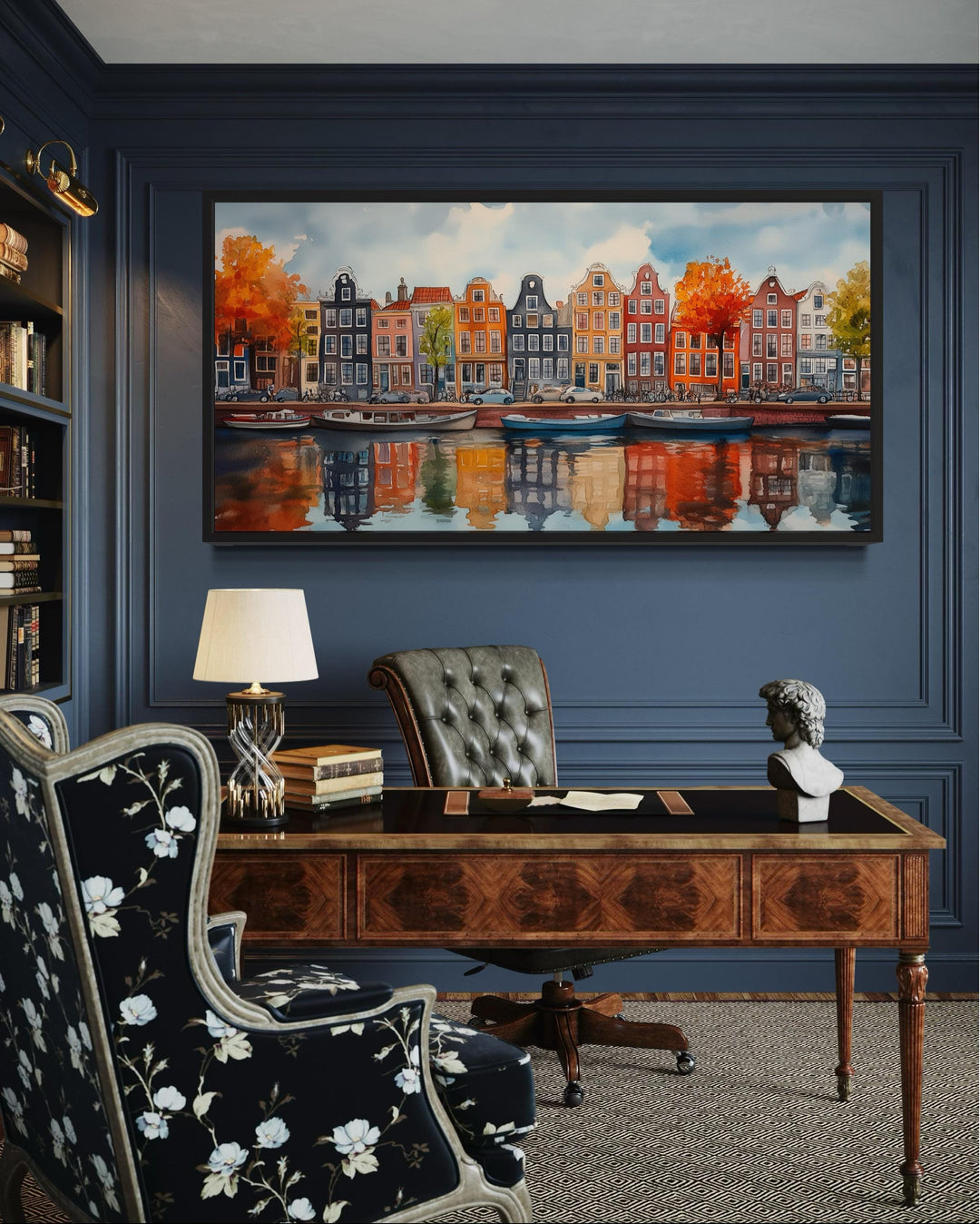 Amsterdam Canal And Colorful Dutch Houses And Boats Watercolor Framed Canvas Wall Art