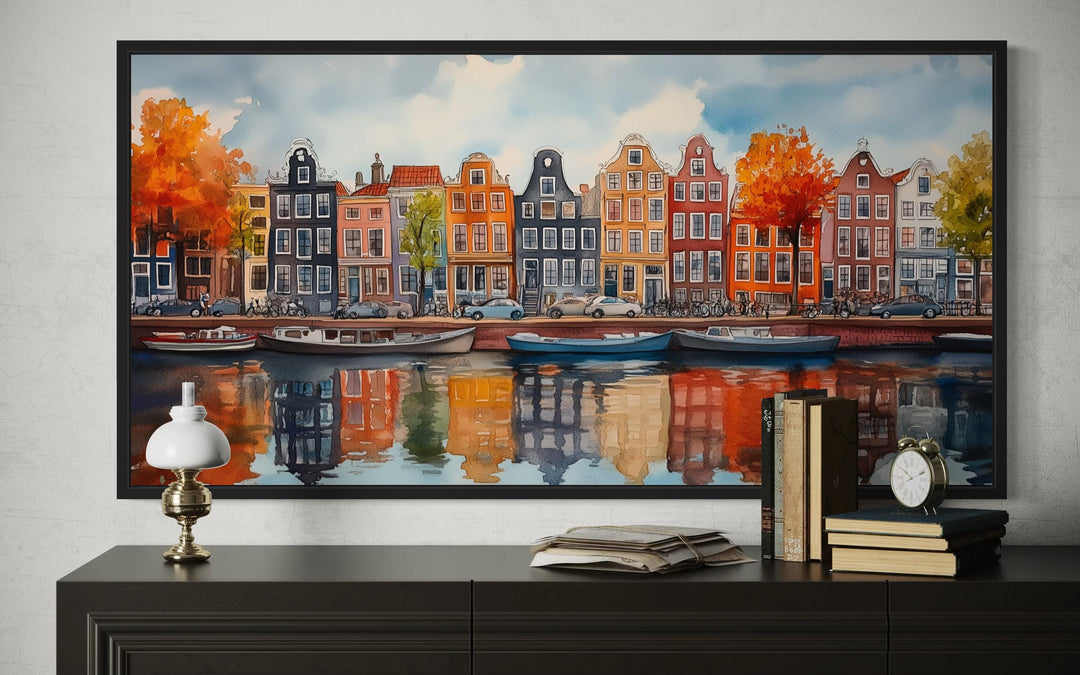 Amsterdam Canal And Colorful Dutch Houses And Boats Watercolor Framed Canvas Wall Art