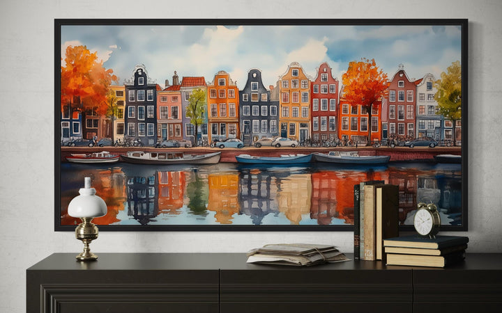 Amsterdam Canal And Colorful Dutch Houses And Boats Watercolor Framed Canvas Wall Art