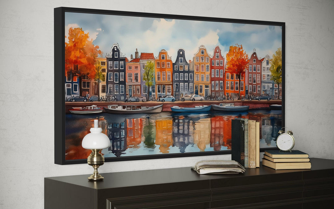 Amsterdam Canal And Colorful Dutch Houses And Boats Watercolor Framed Canvas Wall Art