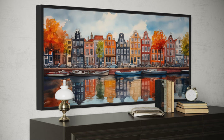 Amsterdam Canal And Colorful Dutch Houses And Boats Watercolor Framed Canvas Wall Art