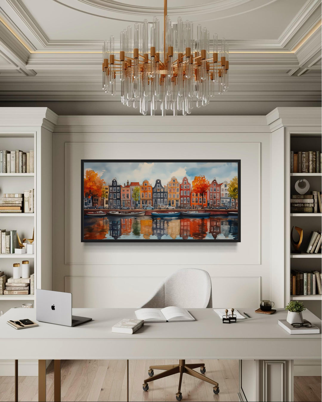 Amsterdam Canal And Colorful Dutch Houses And Boats Watercolor Framed Canvas Wall Art