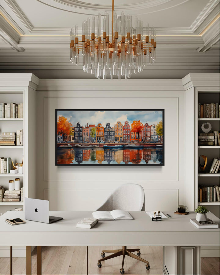 Amsterdam Canal And Colorful Dutch Houses And Boats Watercolor Framed Canvas Wall Art