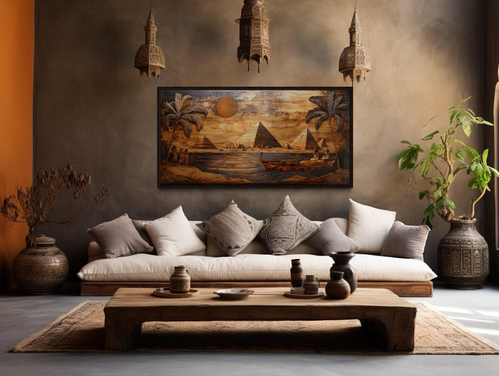 Ancient Egypt Wall Art - Pyramids And Nile River Wood Texture Style Canvas Print