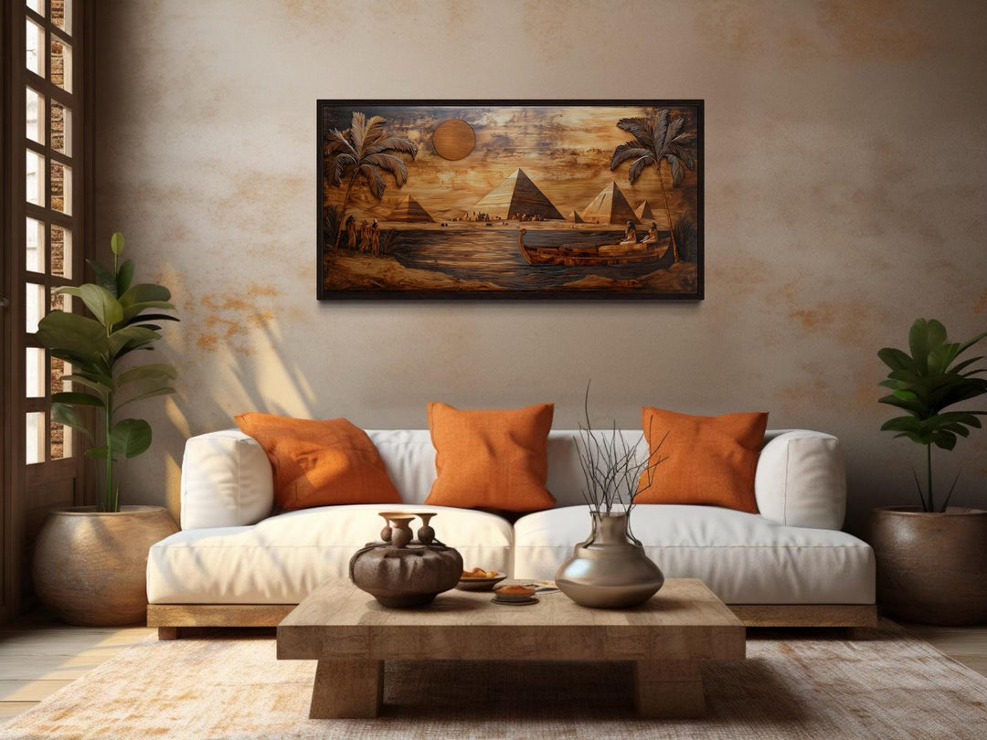 Ancient Egypt Wall Art - Pyramids And Nile River Wood Texture Style Canvas Print