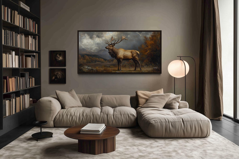 Antique Elk In Autumn Mountains Framed Canvas Wall Art