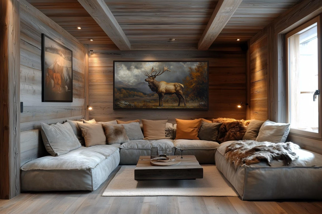 Antique Elk In Autumn Mountains Framed Canvas Wall Art