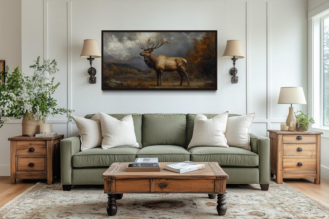 Antique Elk In Autumn Mountains Framed Canvas Wall Art