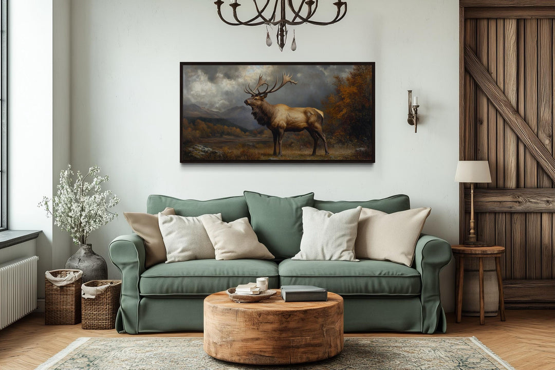 Antique Elk In Autumn Mountains Framed Canvas Wall Art