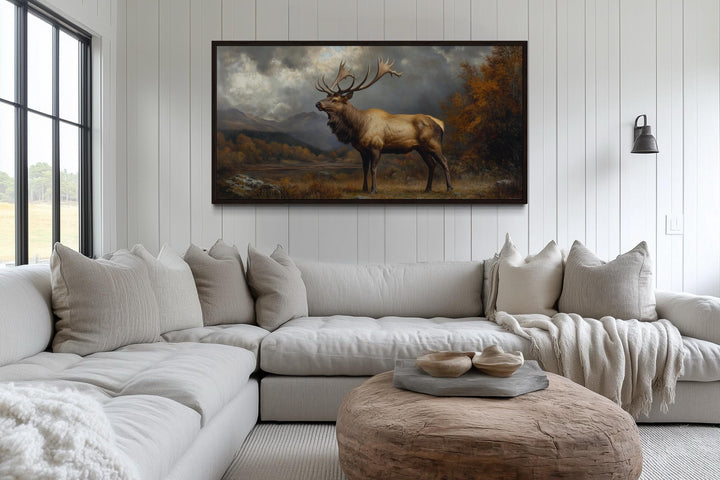Antique Elk In Autumn Mountains Framed Canvas Wall Art
