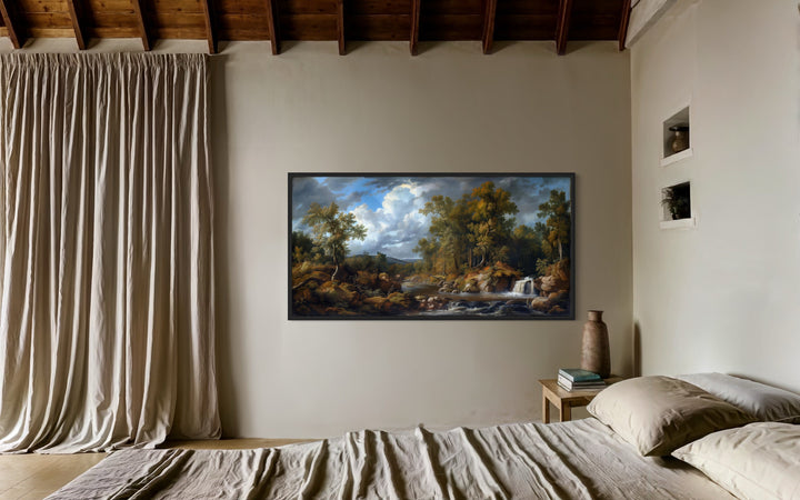 Antique Forest Waterfall Landscape Painting Framed Canvas Wall Art