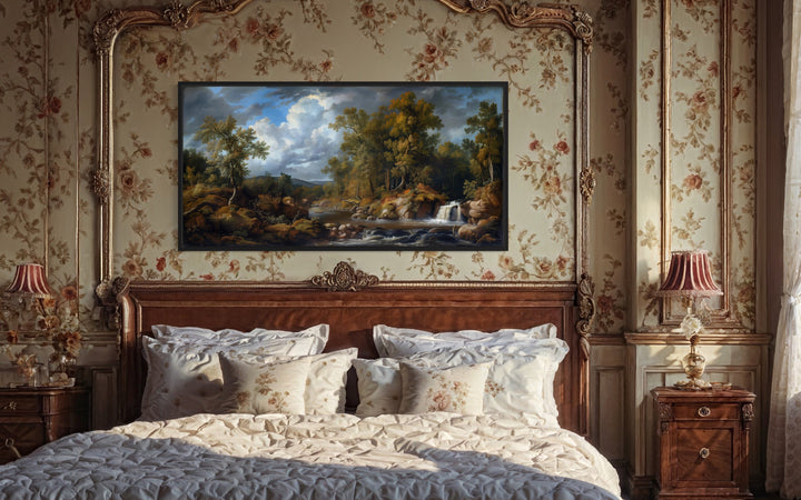 Antique Forest Waterfall Landscape Painting Framed Canvas Wall Art