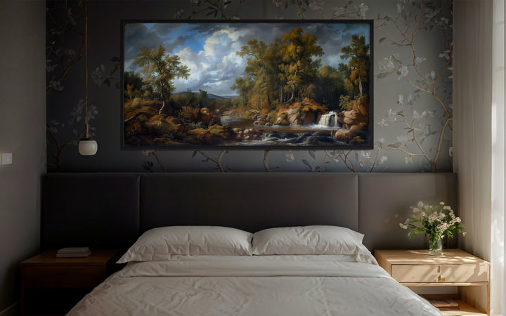 Antique Forest Waterfall Landscape Painting Framed Canvas Wall Art