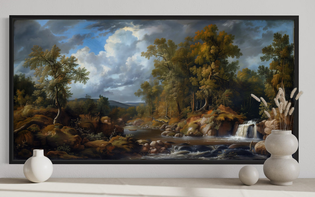Antique Forest Waterfall Landscape Painting Framed Canvas Wall Art