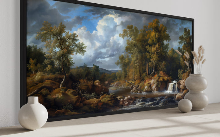 Antique Forest Waterfall Landscape Painting Framed Canvas Wall Art