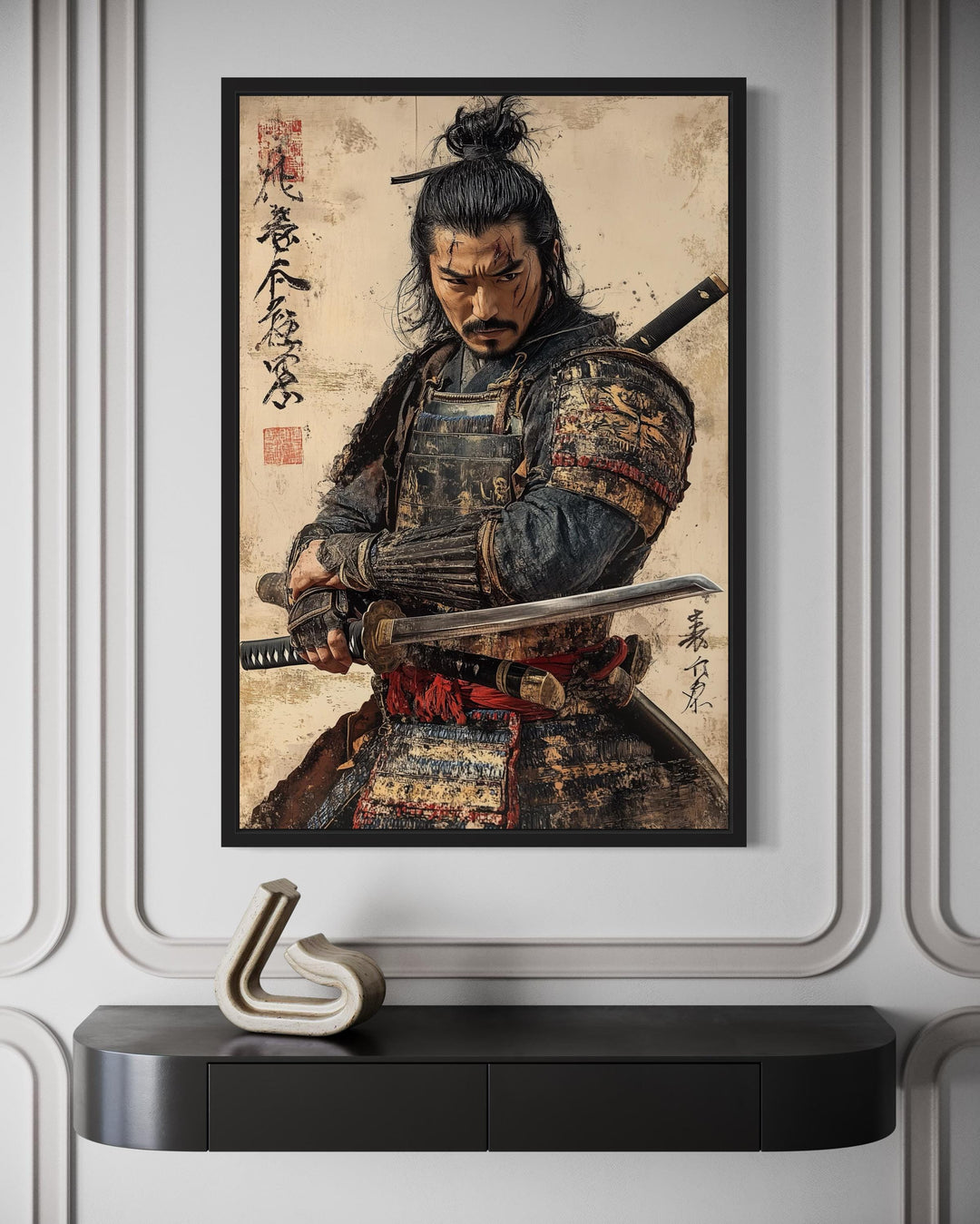 Antique Samurai Portrait Framed Canvas Wall Art
