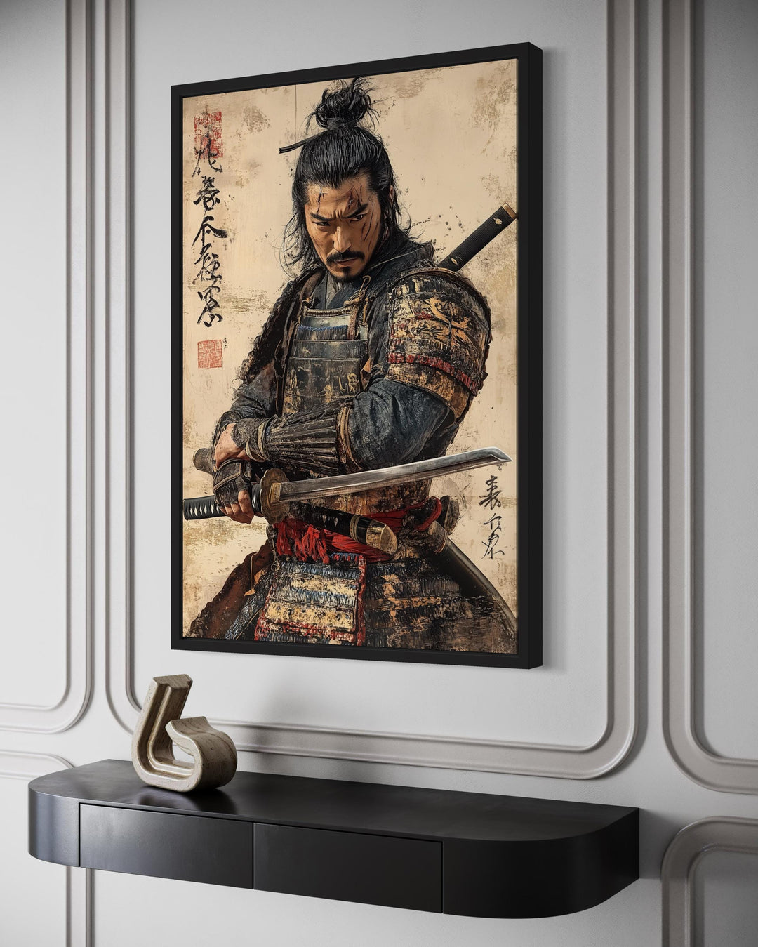 Antique Samurai Portrait Framed Canvas Wall Art