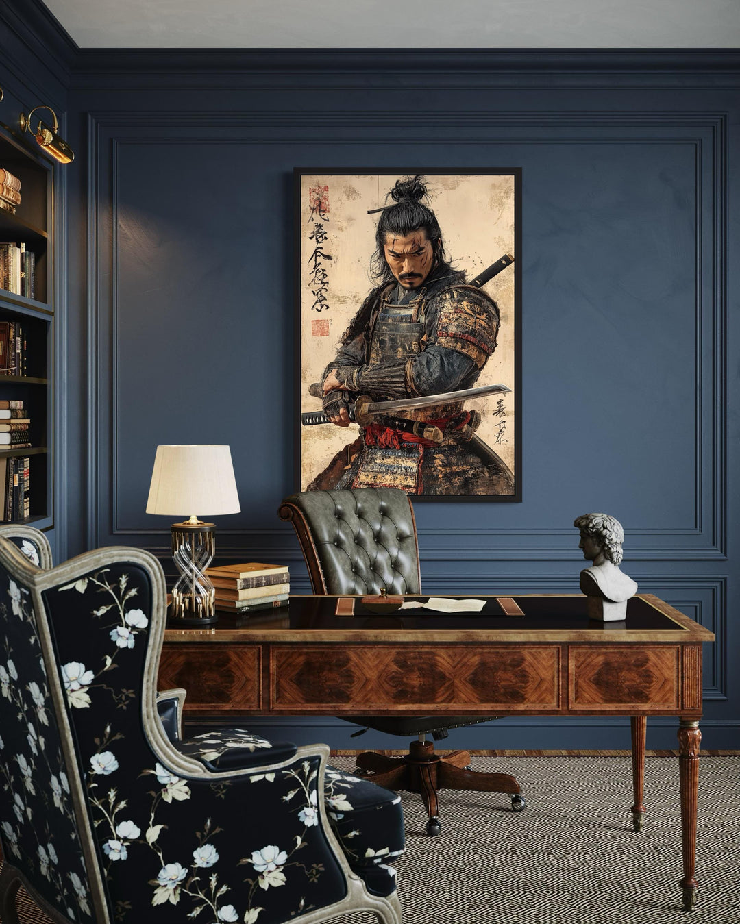 Antique Samurai Portrait Framed Canvas Wall Art