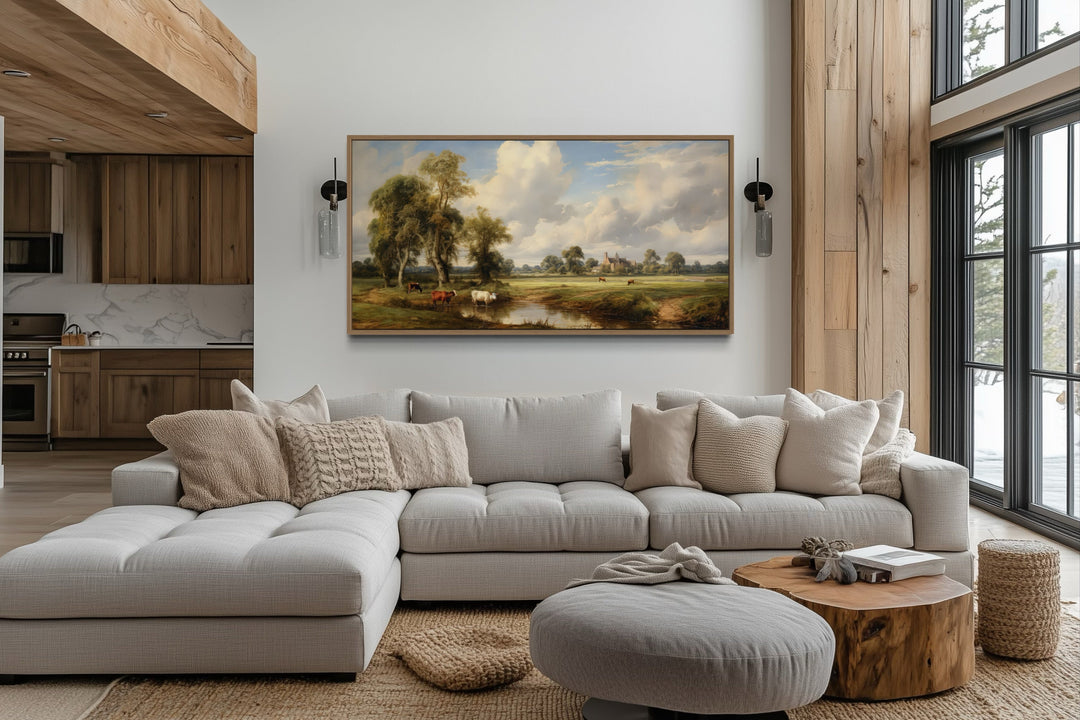 Antique Style Pastoral Country Landscape With Cows Framed Canvas Wall Art