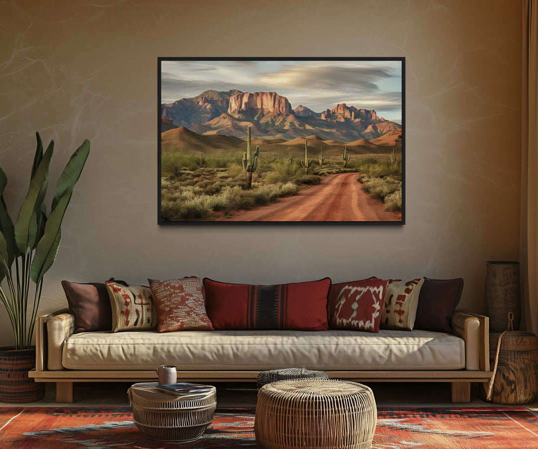 Arizona Desert Landscape The Four Peaks With Saguaro Cactus Framed Canvas Wall Art