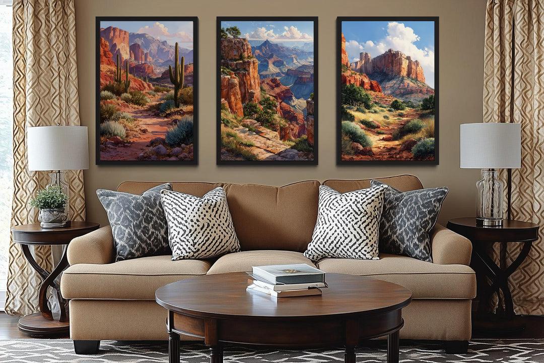 Arizona Wall Art Set of 3, Grand Canyon, Sedona, Sonoran Desert Cactus Landscape