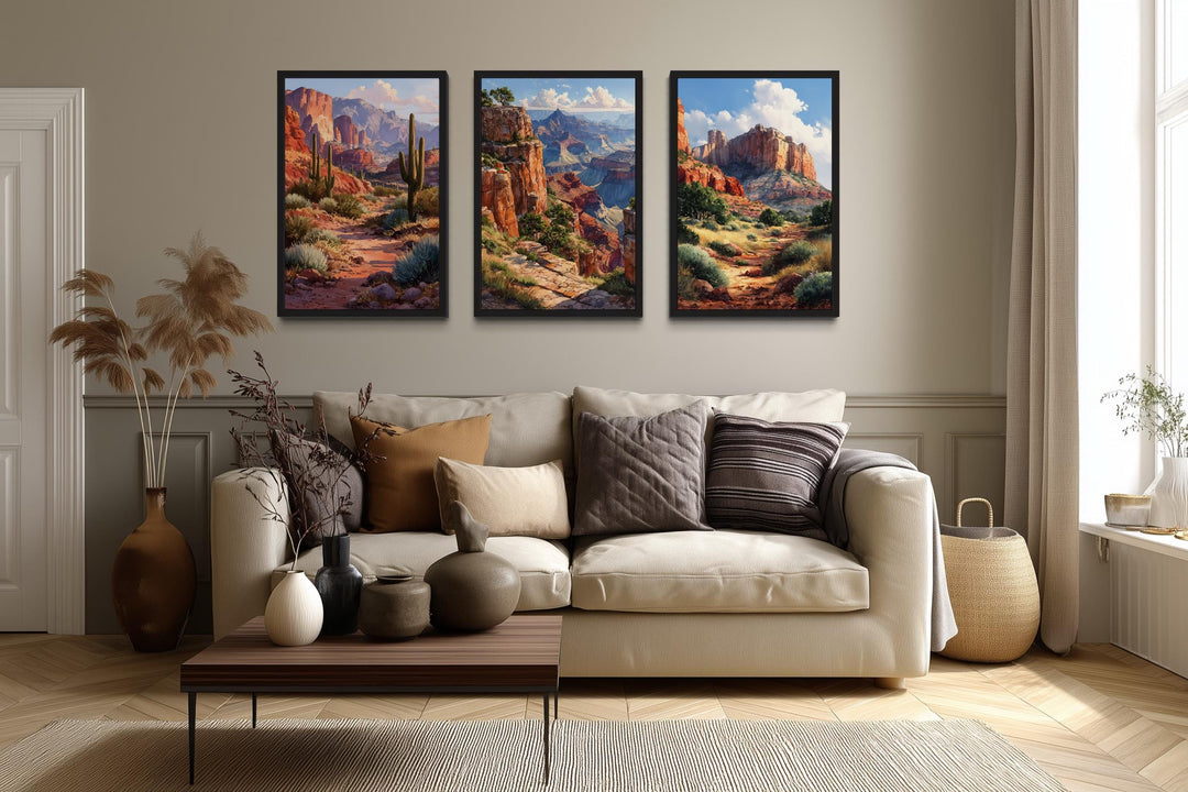 Arizona Wall Art Set of 3, Grand Canyon, Sedona, Sonoran Desert Cactus Landscape