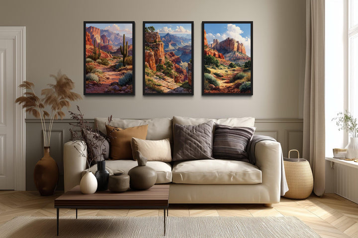 Arizona Wall Art Set of 3, Grand Canyon, Sedona, Sonoran Desert Cactus Landscape