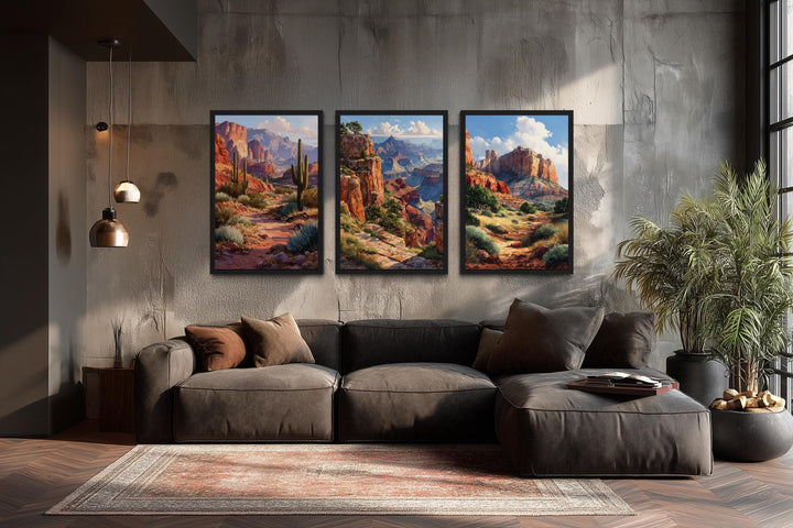 Arizona Wall Art Set of 3, Grand Canyon, Sedona, Sonoran Desert Cactus Landscape