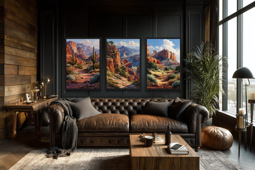 Arizona Wall Art Set of 3, Grand Canyon, Sedona, Sonoran Desert Cactus Landscape