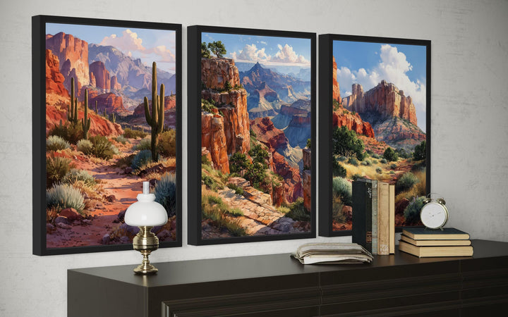 Arizona Wall Art Set of 3, Grand Canyon, Sedona, Sonoran Desert Cactus Landscape