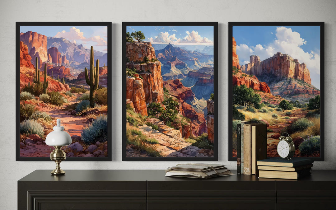 Arizona Wall Art Set of 3, Grand Canyon, Sedona, Sonoran Desert Cactus Landscape