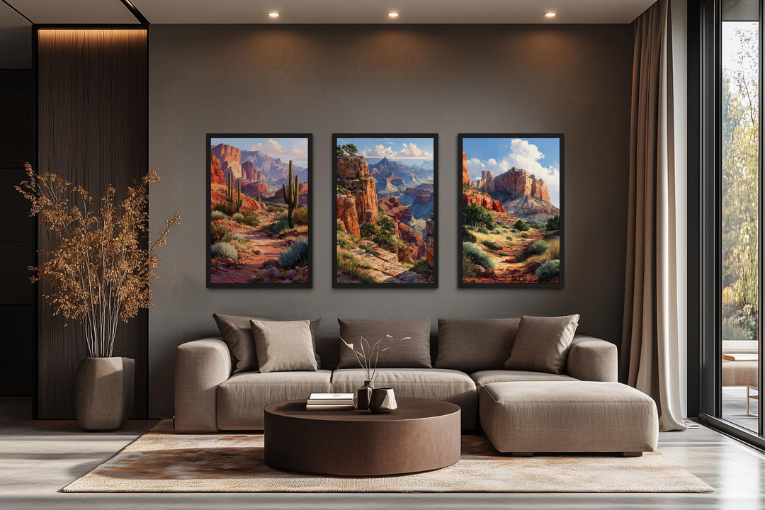 Arizona Wall Art Set of 3, Grand Canyon, Sedona, Sonoran Desert Cactus Landscape