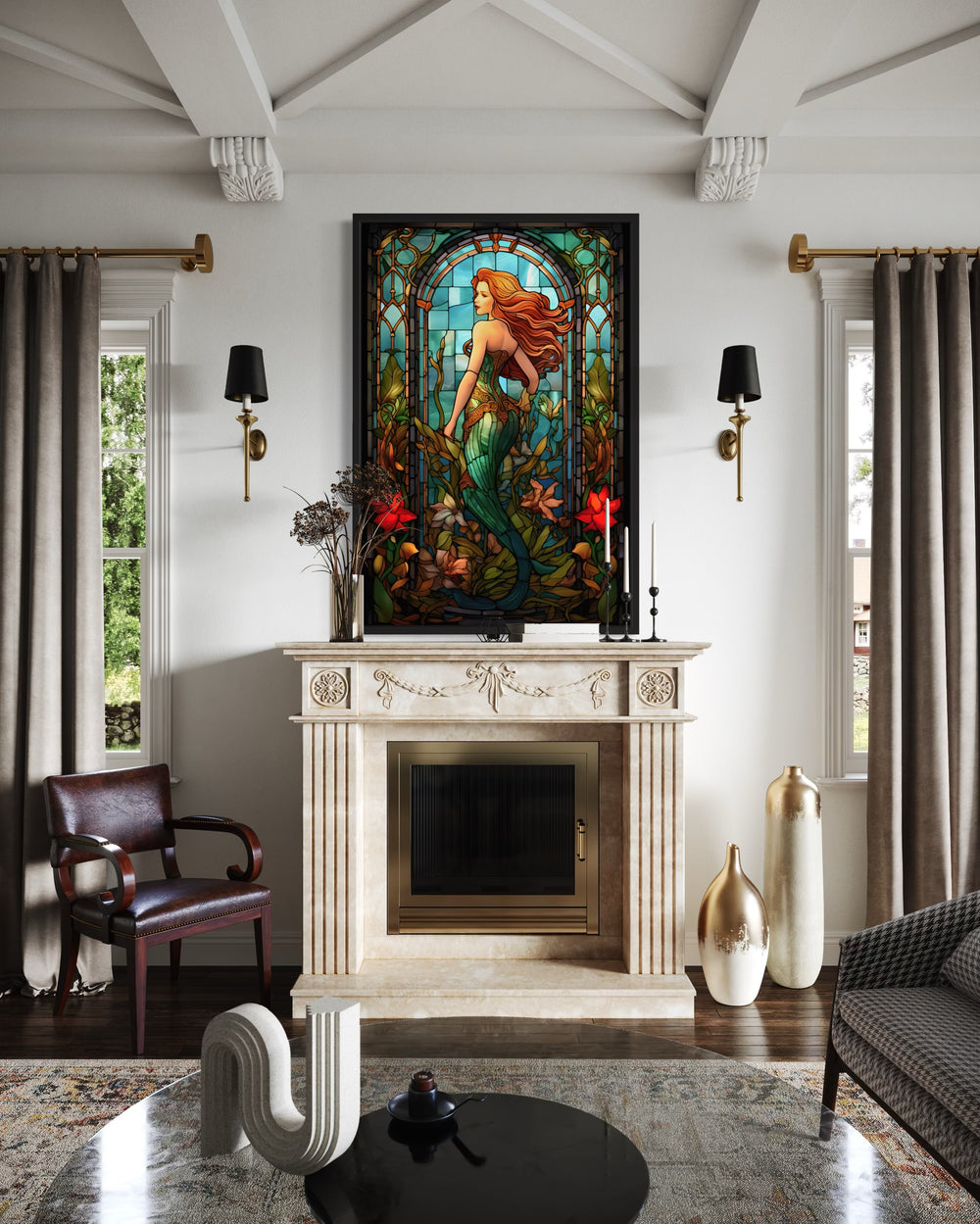 Art Nouveau Mermaid Stained Glass Style Framed Canvas Wall Art